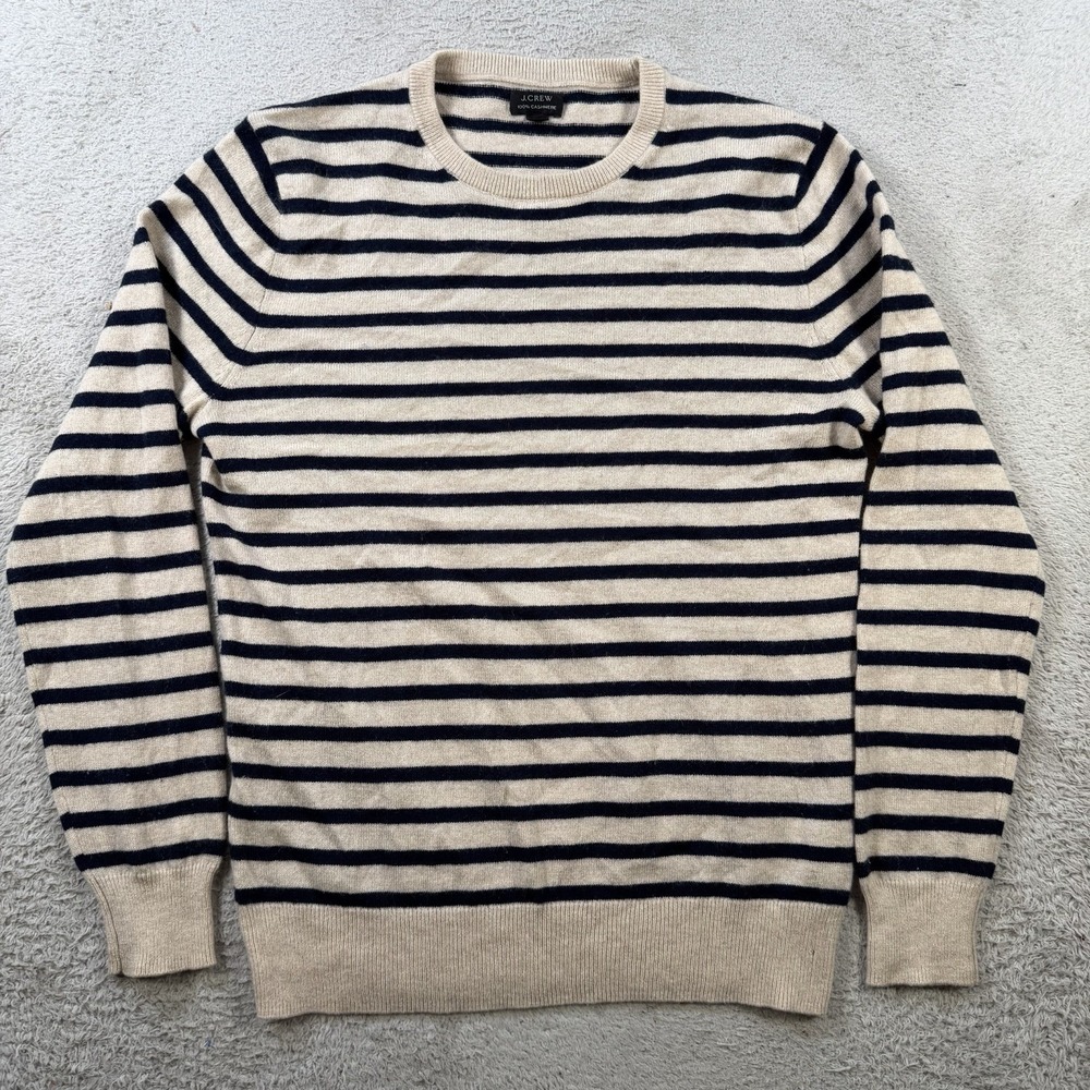 J Crew Sweater Womens Small Beige Striped 100% Cashmere Crewneck Pullover Soft